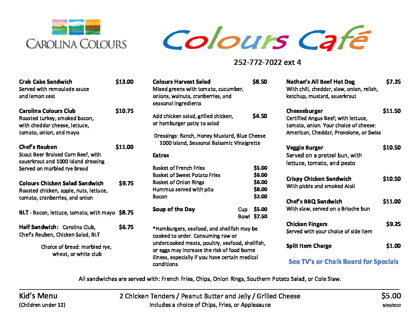 Katherine's Cafe dining menu board at Carolina Colours private residential community